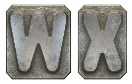 Set of capital letters W and X made of industrial metal isolated on white background. 3d rendering