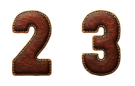 Set of numbers 2, 3 made of leather. 3D render font with skin texture isolated on white background. 3d renderingの写真素材