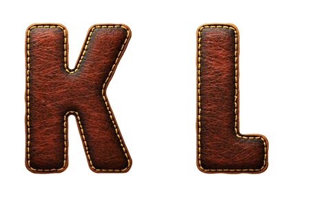 Set of leather letters K, L uppercase. 3D render font with skin texture isolated on white background. 3d renderingの写真素材