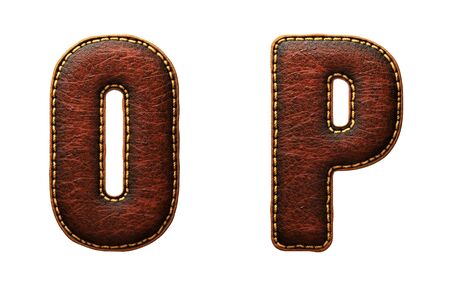 Set of leather letters O, P uppercase. 3D render font with skin texture isolated on white background. 3d renderingの写真素材