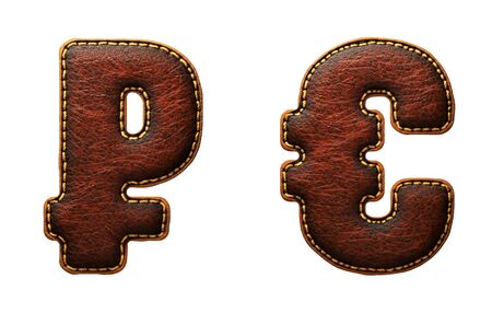 Set of symbols rouble and euro made of leather. 3D render font with skin texture isolated on white background. 3d renderingの写真素材