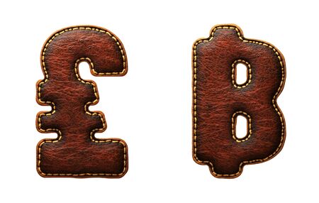 Set of symbols lira and baht made of leather. 3D render font with skin texture isolated on white background. 3d renderingの写真素材