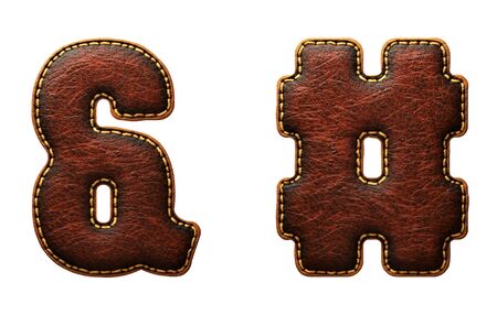 Set of symbols ampersand and hash made of leather. 3D render font with skin texture isolated on white background. 3d renderingの写真素材