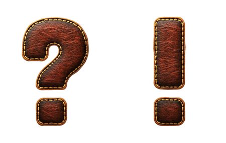 Set of symbols question mark and exclamation mark made of leather. 3D render font with skin texture isolated on white background. 3d renderingの写真素材