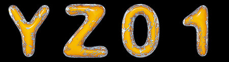Realistic 3D letters set Y, Z, 0, 1 made of gold shining metal letters. Collection of gold shining...