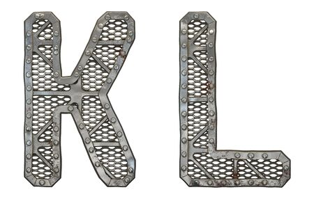Mechanical alphabet made from rivet metal with gears on white background. Set of letters K and L. 3D renderingの写真素材