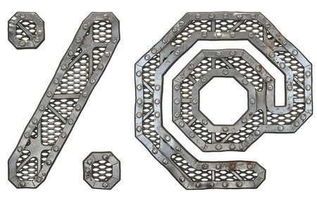 Mechanical alphabet made from rivet metal with gears on white background. Set of symbols percent and at. 3D renderingの写真素材