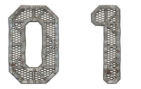 Mechanical alphabet made from rivet metal with gears on white background. Set of numbers 0 and 1. 3D...