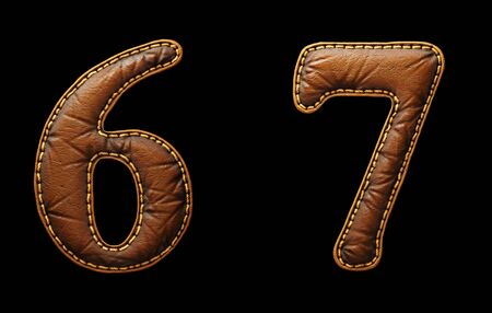 Set of numbers 6, 7 made of leather. 3D render font with skin texture isolated on black background. 3d renderingの写真素材
