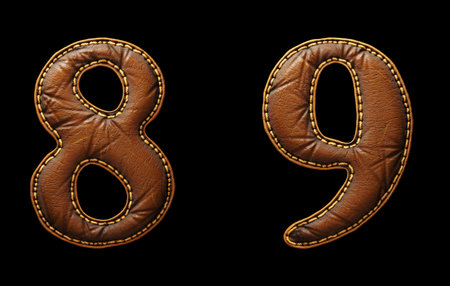Set of numbers 8, 9 made of leather. 3D render font with skin texture isolated on black background....