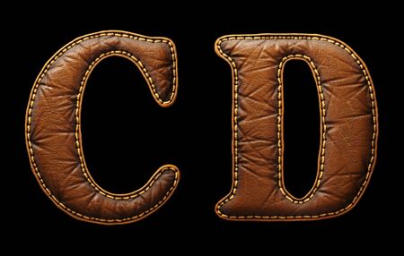 Set of leather letters C, D uppercase. 3D render font with skin texture isolated on black background. 3d renderingの写真素材