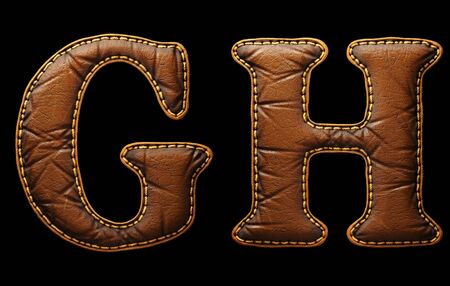 Set of leather letters G, H uppercase. 3D render font with skin texture isolated on black background. 3d renderingの写真素材