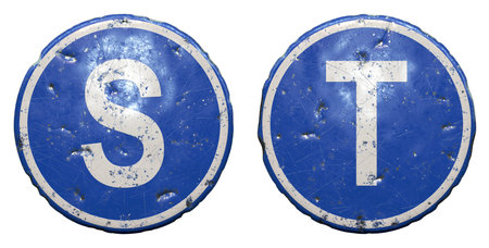 Set of public road sign in blue color with a capitol white letters S and T in the center isolated...
