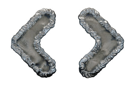Set of symbols left and right angle bracket made of industrial metal on white background 3d...