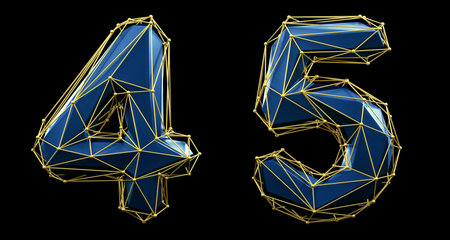 Number set 4, 5 made of blue color glass. Collection symbols of low poly style blue color glass...