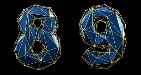 Number set 8, 9 made of blue color glass. Collection symbols of low poly style blue color glass isolated on black background 3d renderingの写真素材
