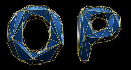 Letter set O, P made of realistic 3d render blue color. Collection of low polly style alphabet isolated on black background 3dの写真素材