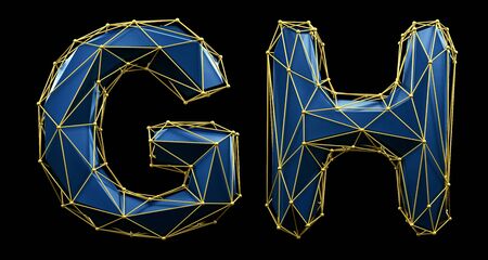 Letter set G, H made of realistic 3d render blue color. Collection of low polly style alphabet isolated on black background 3dの写真素材