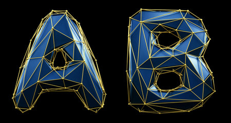 Letter set A, B made of realistic 3d render blue color. Collection of low polly style alphabet...