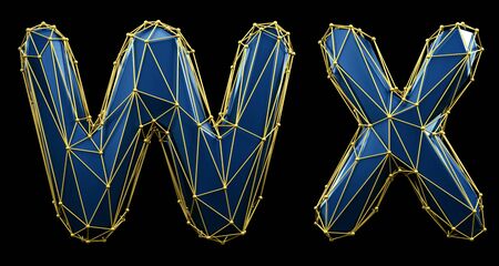 Letter set W, X made of realistic 3d render blue color. Collection of low polly style alphabet isolated on black background 3dの写真素材