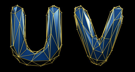 Letter set U, V made of realistic 3d render blue color. Collection of low polly style alphabet...