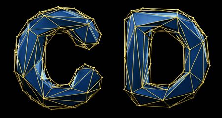 Letter set C, D made of realistic 3d render blue color. Collection of low polly style alphabet isolated on black background 3dの写真素材