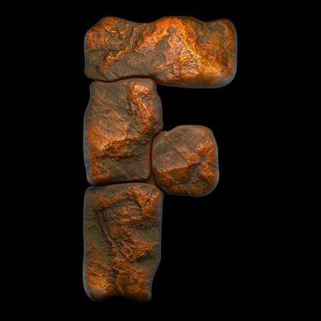 Rocky letter F. Font of stone on black background. 3d renderingの写真素材