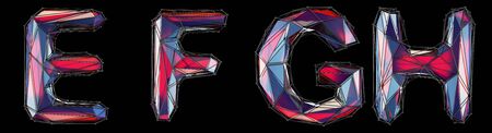 Realistic 3D letters set E, F, G, H made of low poly style. Collection symbols of low poly style red color glass isolated on black background 3d renderingの写真素材