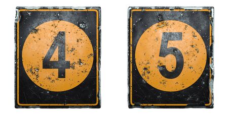 Set of public road sign orange and black color with a numbers 4 and 5 in the center isolated on white background. 3d renderingの写真素材