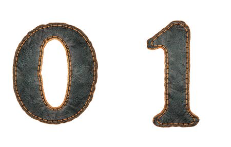 Set of numbers 0, 1 made of leather. 3D render font with skin texture isolated on white background. 3d renderingの写真素材