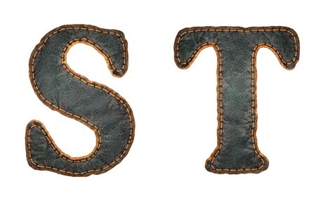 Set of leather letters S, T uppercase. 3D render font with skin texture isolated on white background. 3d renderingの写真素材