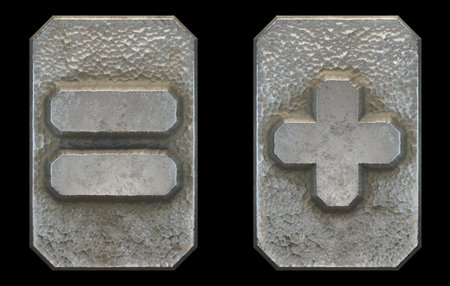 Set of symbols equals and plus made of industrial metal on black background 3d renderingの写真素材
