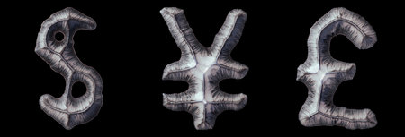Set of symbols dollar, yen, lira made of forged metal isolated on black background. 3d renderingの写真素材