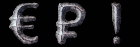 Set of symbols euro, rouble and exclamation point made of forged metal isolated on black background. 3d renderingの写真素材