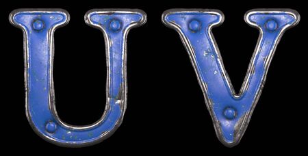 Set of uppercase letters U, V made of painted metal with blue rivets on black background. 3d renderingの写真素材