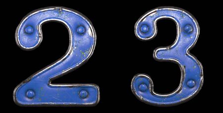 Set of numbers 2, 3 made of painted metal with blue rivets on black background. 3d renderingの写真素材