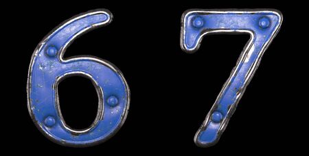 Set of numbers 6, 7 made of painted metal with blue rivets on black background. 3d renderingの写真素材