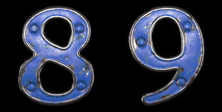 Set of numbers 8, 9 made of painted metal with blue rivets on black background. 3d rendering