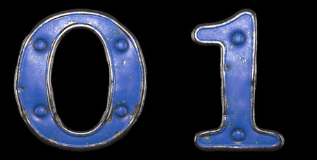 Set of numbers 0, 1 made of painted metal with blue rivets on black background. 3d renderingの写真素材