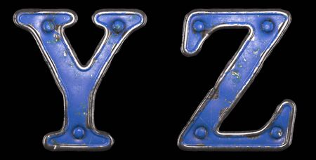 Set of uppercase letters Y, Z made of painted metal with blue rivets on black background. 3d renderingの写真素材