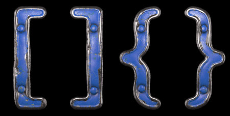 Set of symbols left, right braces made of painted metal with blue rivets on black background. 3d...
