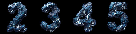 Set of numbers 2, 3, 4, 5 made of ice isolated on black background. 3d rendering