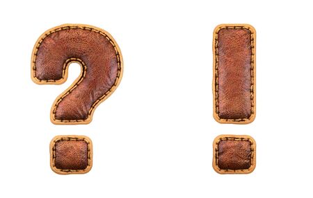 Set of symbols question mark and exclamation mark made of leather. 3D render font with skin texture isolated on white background. 3d renderingの写真素材
