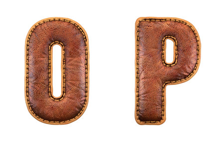 Set of leather letters O, P uppercase. 3D render font with skin texture isolated on white background. 3d renderingの写真素材