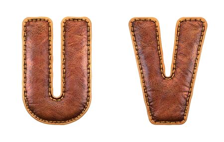 Set of leather letters U, V uppercase. 3D render font with skin texture isolated on white background. 3d renderingの写真素材