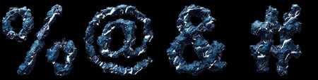 Set of symbols percent, at, ampersand, hash made of ice isolated on black background. 3d rendering