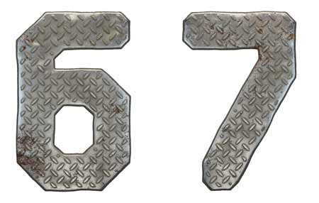 Set of numbers 6, 7 made of industrial metal on white background 3d rendering