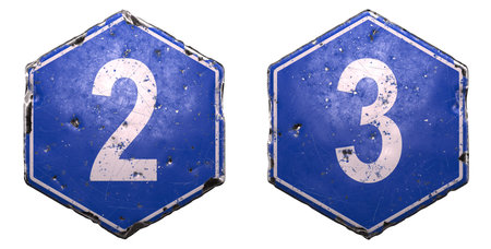 Set of public road signs in blue color with a white number 2 and 3 in the center isolated on white...