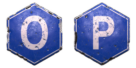 Set of public road signs in blue color with a capital white letter O and P in the center isolated on...
