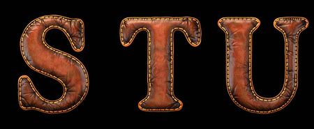 Set of leather letters S, T, U uppercase. 3D render font with skin texture isolated on black background. 3d renderingの写真素材